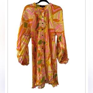 BEULAHSTYLE  Pleated  Orange Yellow Pink Floral Cottage Core Boho Mini Dress